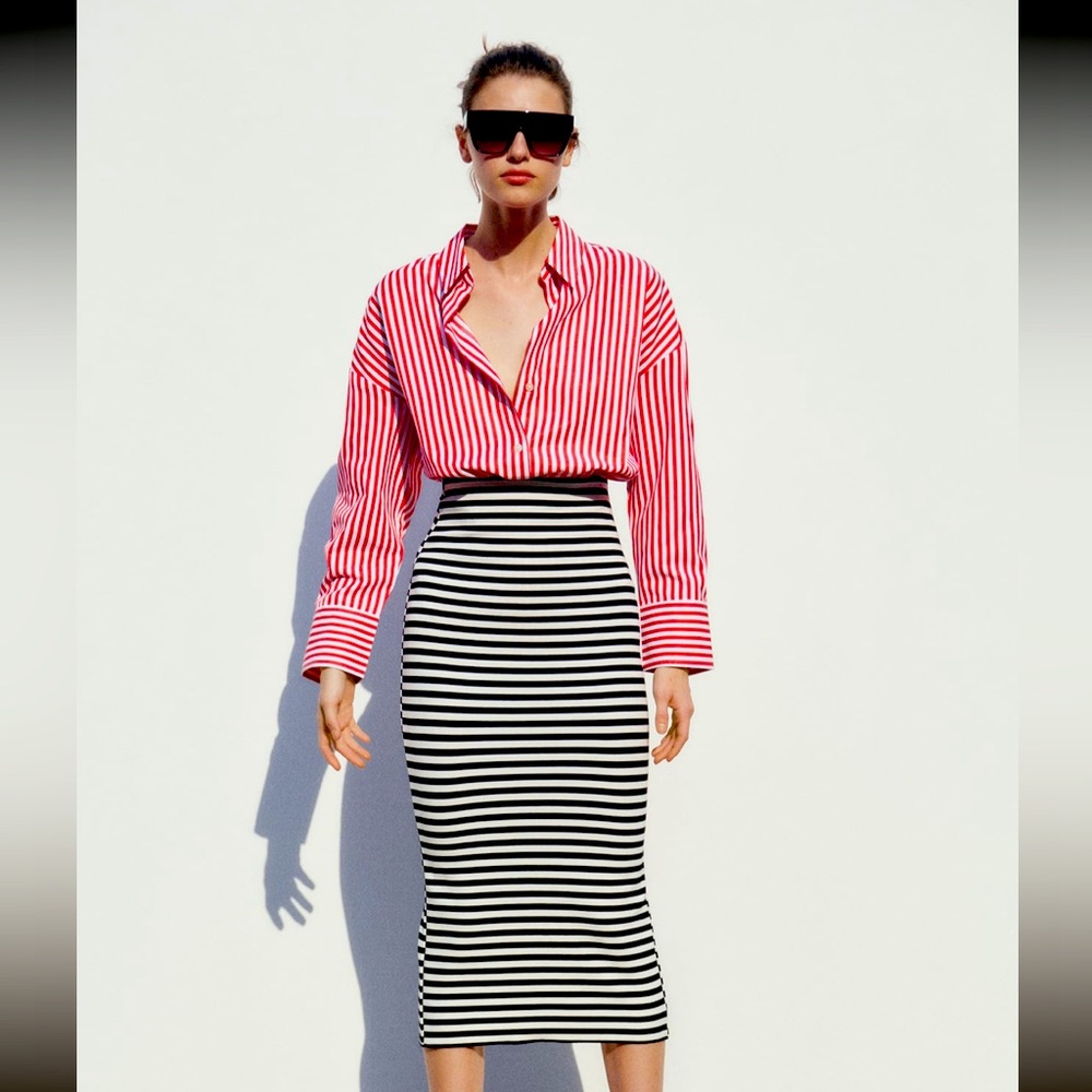 Zara Poplin Shirt Red/White Stripes Size Small/Striped Chenille Skirt Size Large